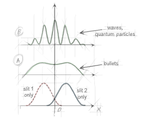 The four curves represent the probability of detecting one particle at point x. The red (blue) distribution  is observed both with particles and waves when only slit 1(2) is left open while slit 2(1) is blocked (see uncertainty). Green distribution A is observed with classical particles  when both slits are open. Interference fringes  B are observed with quantum particles and waves when both slits are open.