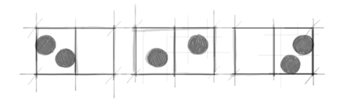 Comparao das distribuies de Boltzmann, Bose e Fermi para o caso de duas partculas e dois estados individuais equiprovveis  (representados pelas duas clulas).